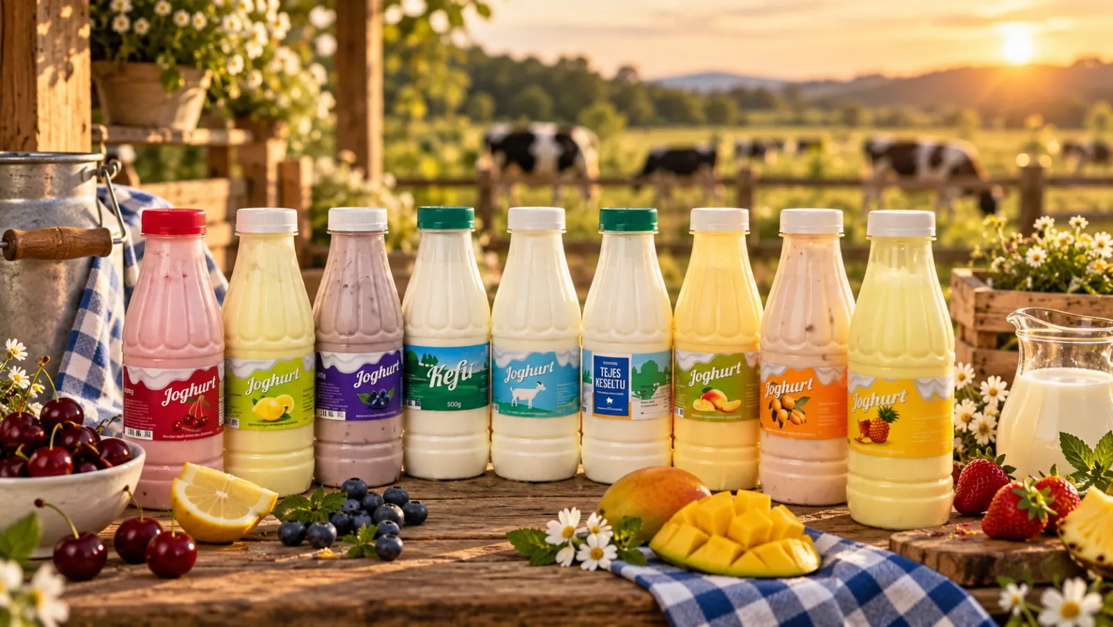 Saját készítésű joghurt, kefir és tejszín sorban a pulton